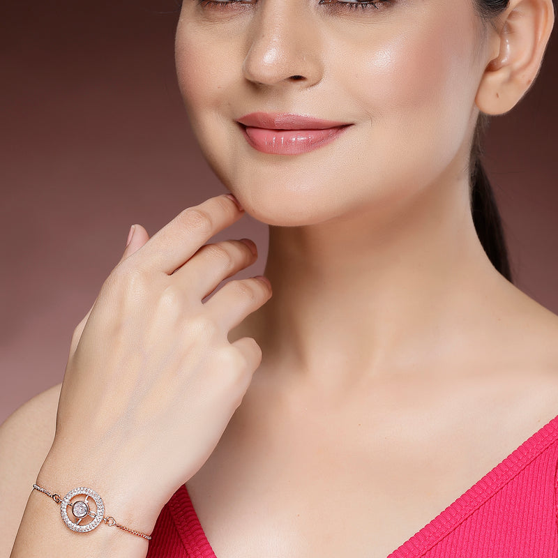 Rose Gold Plated Round Shaped White American Diamond Bracelet