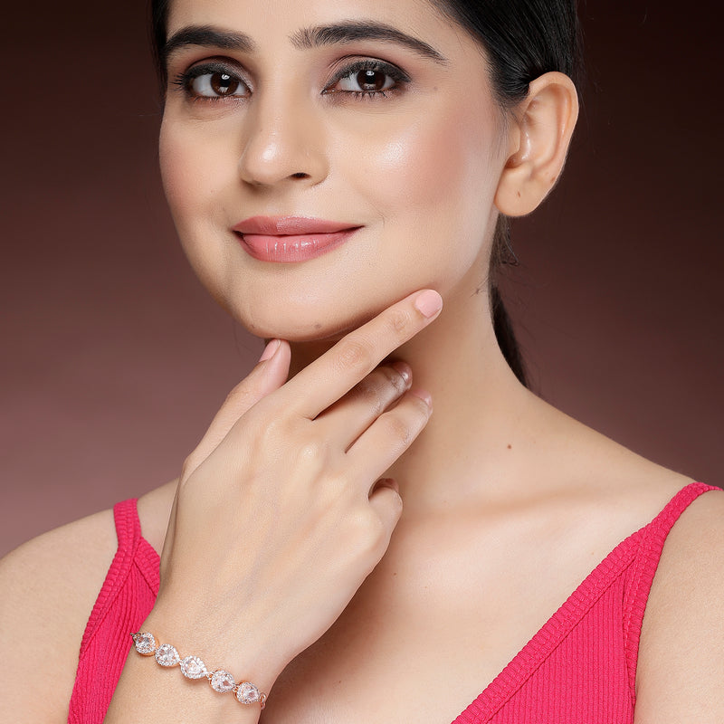 Rose Gold Plated Teardrop Shaped White American Diamond Studded Bracelet