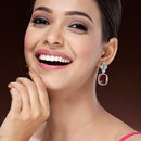 Rhodium Plated Silver Toned with Red American Diamond Small Drop Earrings