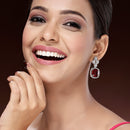 Rhodium Plated Cushion Cut Red American Diamond Contemporary Long Drop Earrings