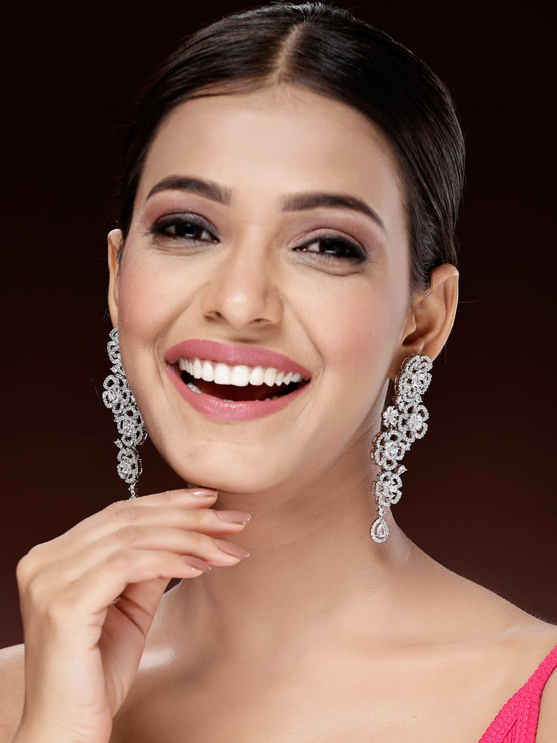 Rhodium Plated American Diamond Crystal Floral Dangler Earrings