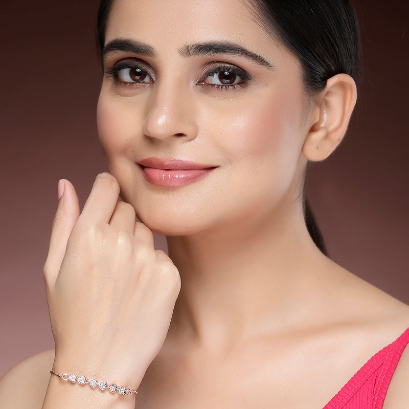 Rose Gold Plated Heart Shaped White American Diamond Studded  Bracelet