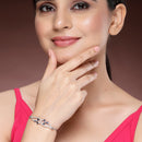 Rhodium Plated Silver Toned Floral Royal Blue American Diamond Studded Bracelet