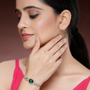 Rhodium Plated Silver Toned Rectangular Emerald Green American Diamond Studded Bracelet