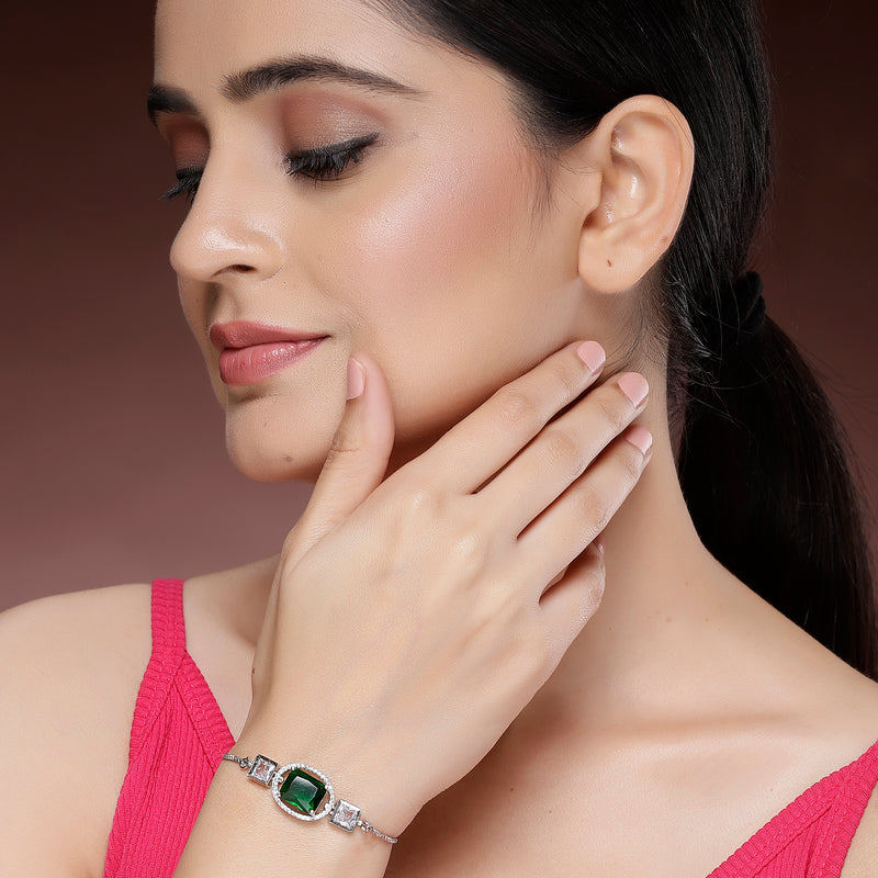 Rhodium Plated Silver Toned Rectangular Emerald Green American Diamond Studded Bracelet