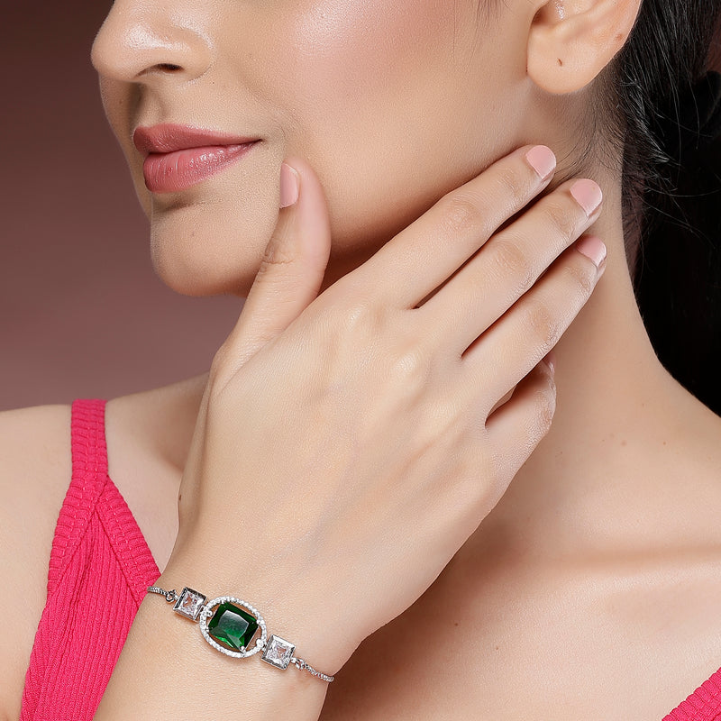 Rhodium Plated Silver Toned Rectangular Emerald Green American Diamond Studded Bracelet