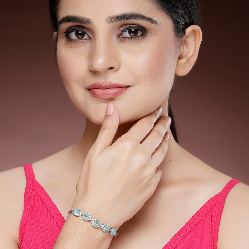 Rhodium Plated Silver Toned Teardrop Sea Green American Diamond Studded Bracelet