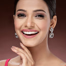 Rhodium Plated Silver Toned with White American Diamond Small Drop Earrings