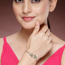 Rhodium Plated Silver Toned Floral  Emerald Green American Diamond Studded Bracelet