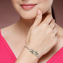 Rhodium Plated Silver Toned Floral  Emerald Green American Diamond Studded Bracelet