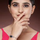 Rhodium Plated Silver Toned Rectangular Royal Blue American Diamond Studded Bracelet