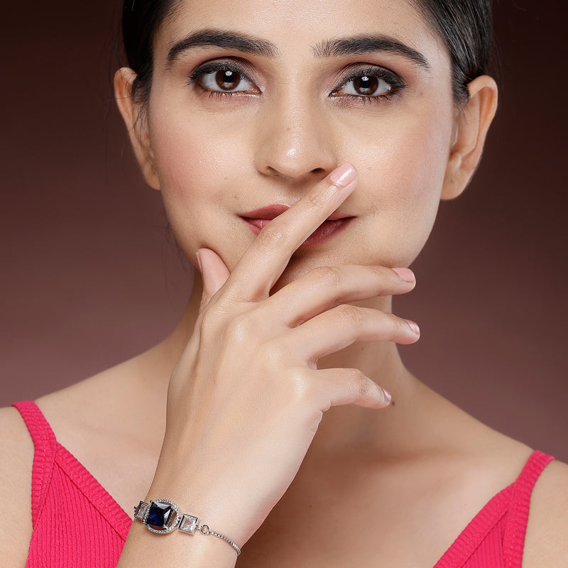 Rhodium Plated Silver Toned Rectangular Royal Blue American Diamond Studded Bracelet