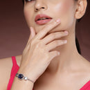 Rhodium Plated Silver Toned Rectangular Royal Blue American Diamond Studded Bracelet