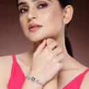 Rhodium Plated Silver Plated Square Emerald Green  American Diamond Studded Bracelet