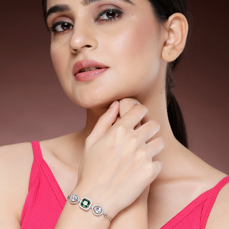 Rhodium Plated Silver Plated Square Emerald Green  American Diamond Studded Bracelet