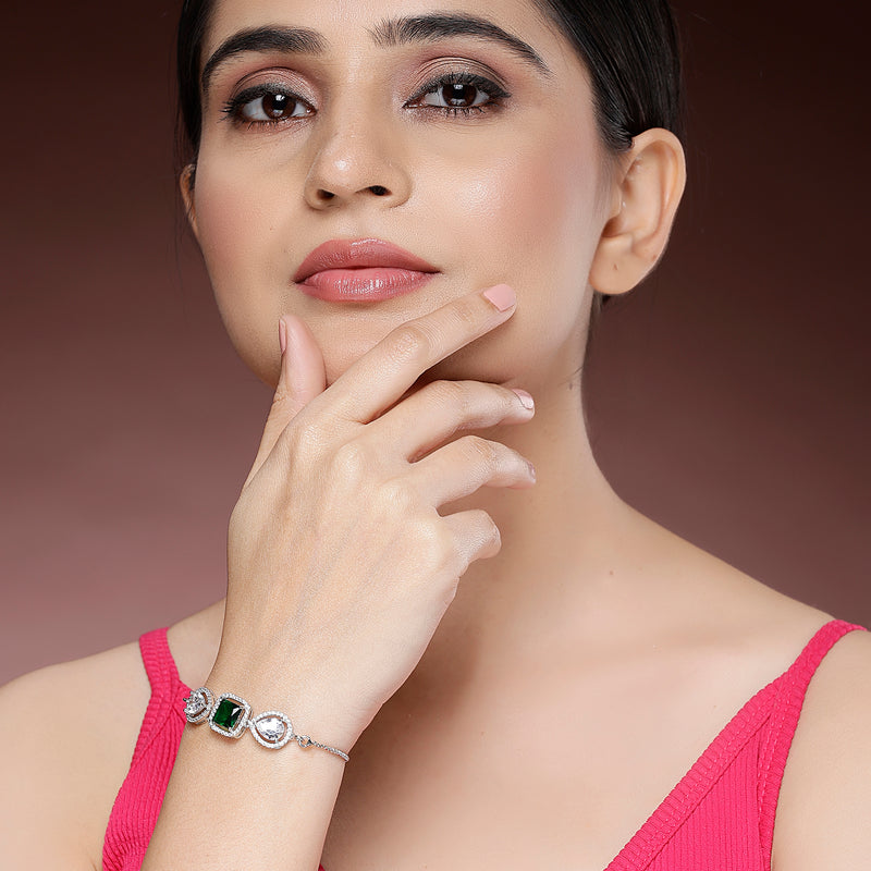 Rhodium Plated Silver Plated Square Emerald Green  American Diamond Studded Bracelet