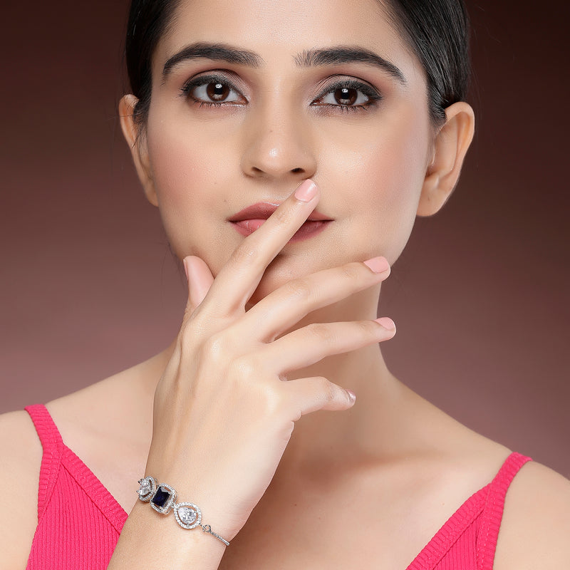 Rhodium Plated Silver Toned Royal Blue American Diamond Studded Bracelet