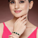 Rhodium Plated Silver Toned Teardrop Shaped Emerald Green American Diamond Studded Bracelet