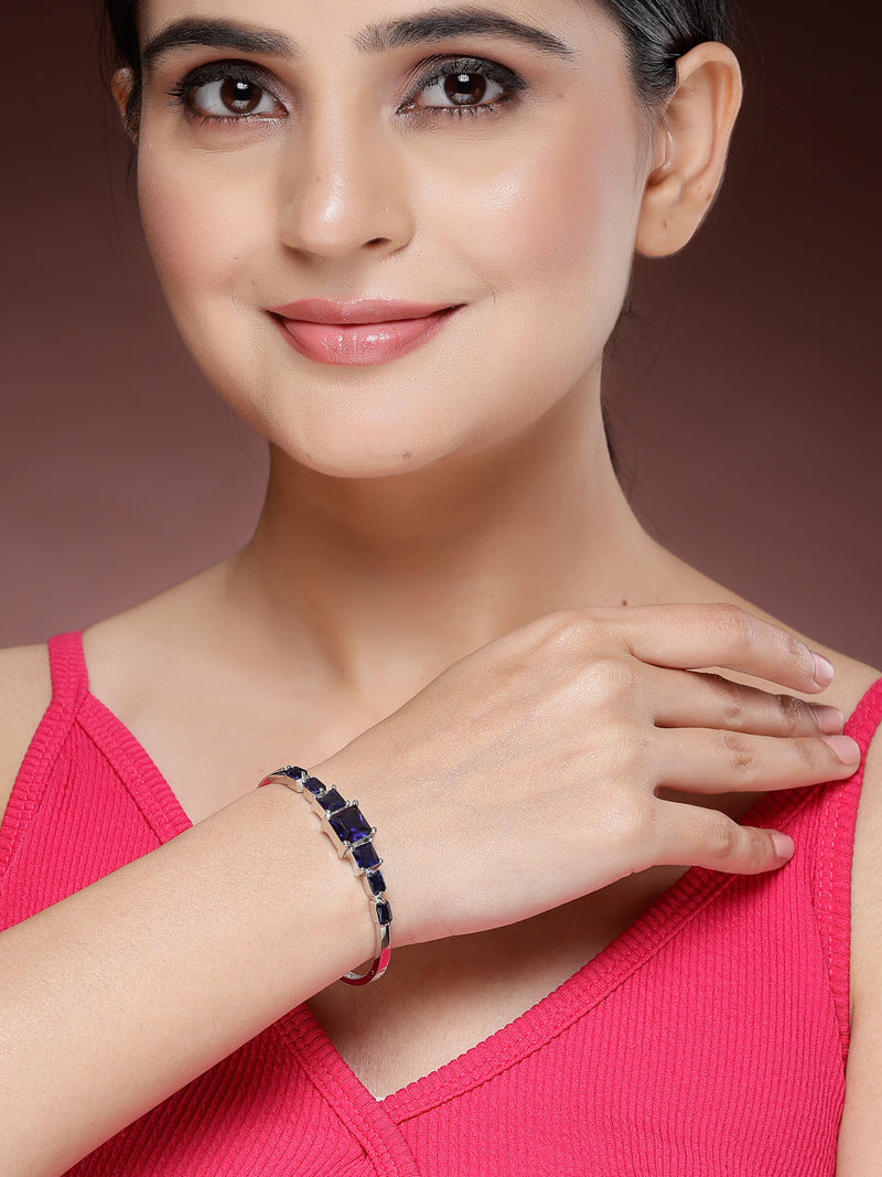 Rhodium Plated with Square Shaped Blue American Diamond Studded Kada Bracelet