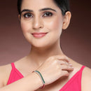 Rhodium Plated Silver Toned Leaf Shaped Green American Diamond Studded Bracelet