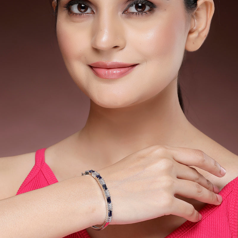 Rhodium Plated Silver Toned Royal Blue  American Diamond Studded Bracelet