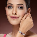 Rhodium Plated Silver Toned Square Shaped Red & White American Diamond Studded Bracelet