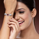 Rhodium Plated Silver Toned Square Shaped Red & White American Diamond Studded Bracelet