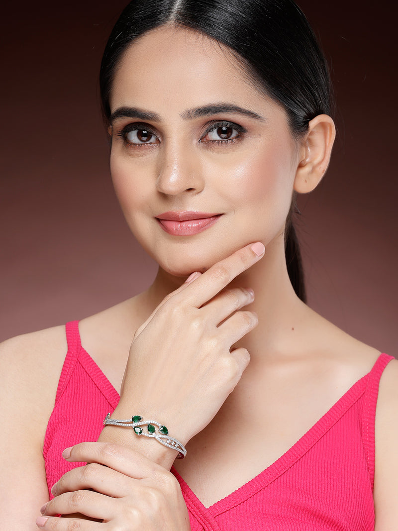 Rhodium Plated with Green American Diamond Studded Leaf Style Design Kada Bracelet