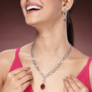 Rhodium Plated Silver Toned Red American Diamond Studded Jewellery Set
