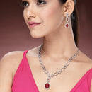 Rhodium Plated Silver Toned Red American Diamond Studded Jewellery Set