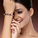 Rhodium Plated Silver Toned Teardrop Shaped Ruby Red American Diamond Studded Bracelet