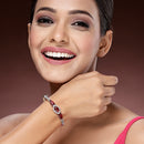 Rhodium Plated Silver Toned Teardrop Shaped Ruby Red American Diamond Studded Bracelet