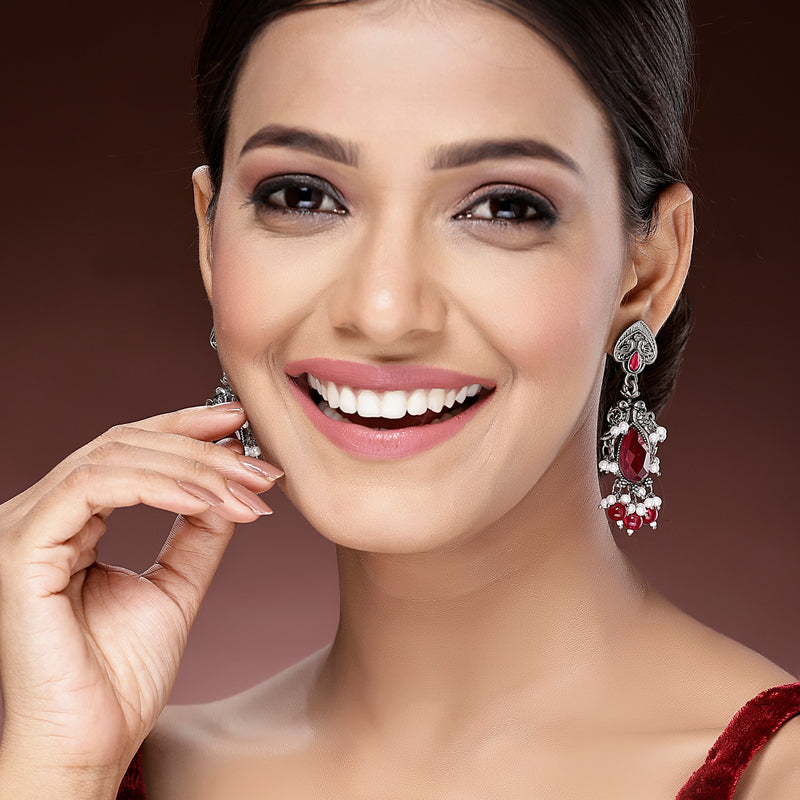 Oxidized Plated with Red Cubic Zirconia Danglers Earrings