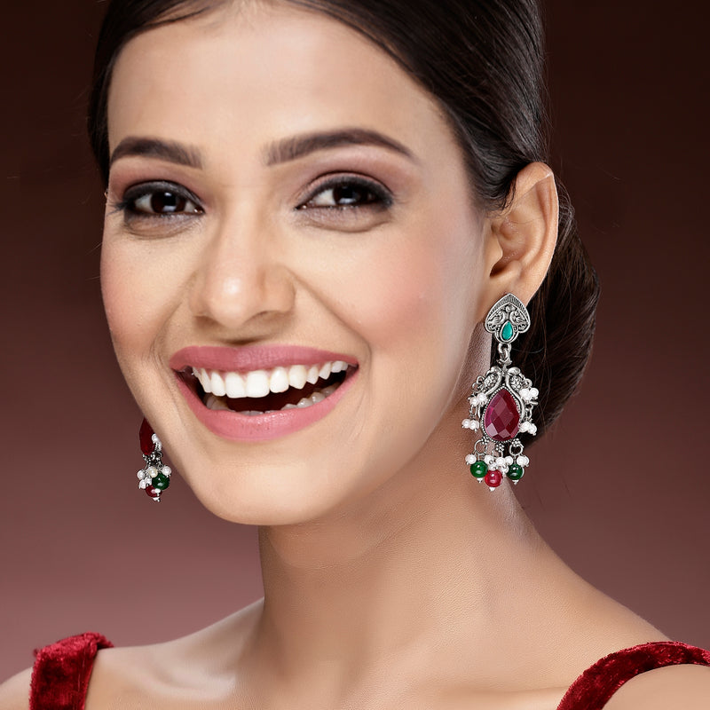 Oxidized Plated with Red & Green Cubic Zirconia Danglers Earrings