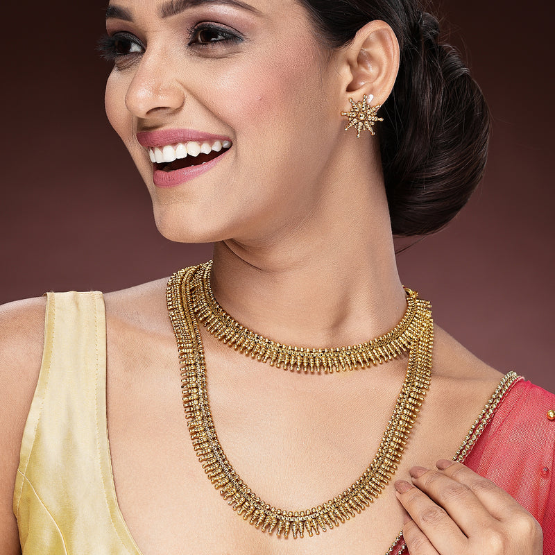 Golden Plated with Traditional Temple Design Long Necklace and Earrings Jewellery Set