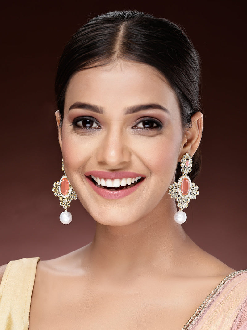 Gold Plated Oval Shaped with Peach Cubic Zirconia Small Drop Earrings