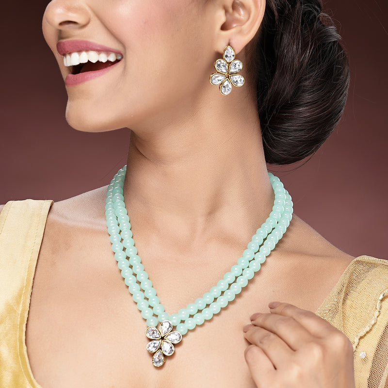 Sea Green Pearl & Kundan Studded Jewellery Set