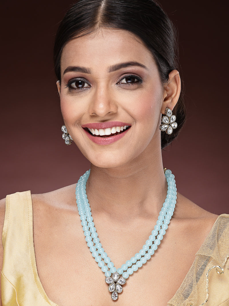 Gold Plated with Blue Pearl & Kundan Studded Necklace Set