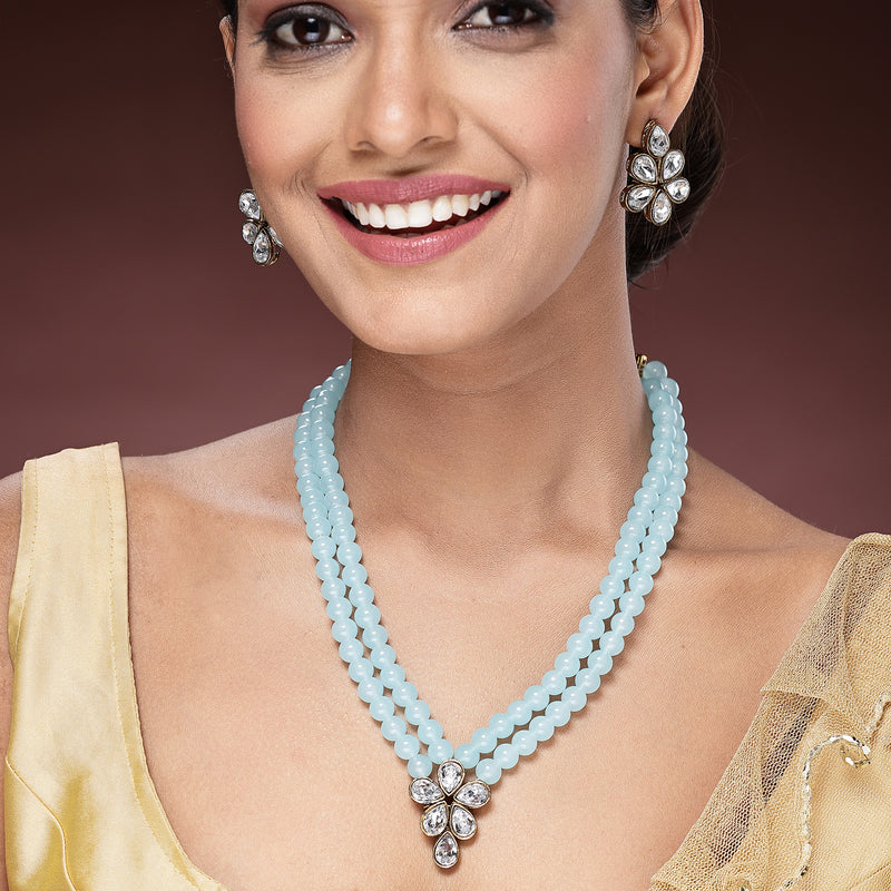 Sky Blue Pearl & Kundan Studded Jewellery Set