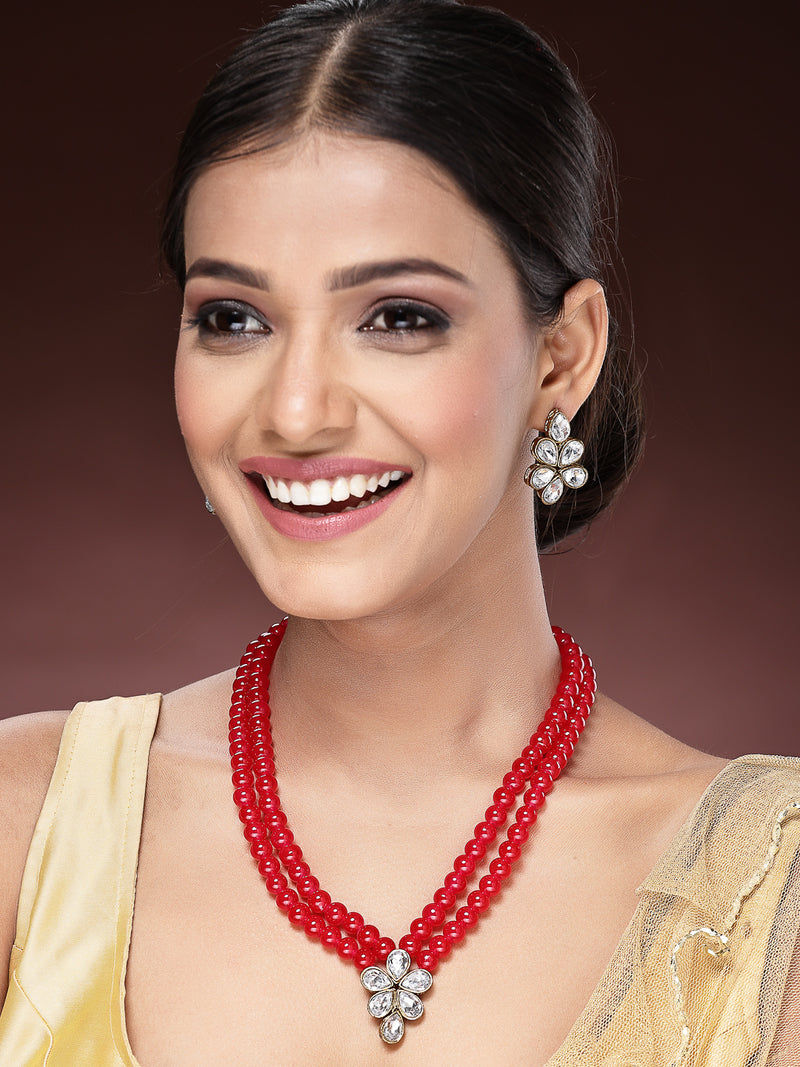 Gold Plated with Red Pearl & Kundan Studded Necklace Set