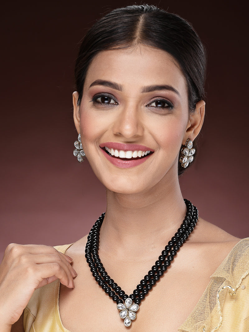 Gold Plated with Black Pearl & Kundan Studded Necklace Set