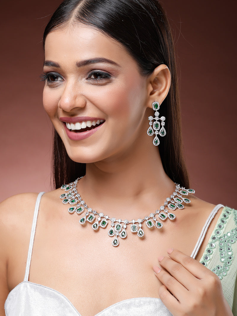 Rhodium Plated with Royal Design & Green American Diamond Stones Studded Necklace Set