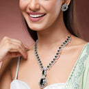 Rhodium Plated Silver Toned Square Green AD Studded Nita Ambani Necklace Set With Matching Stud Earrings Celebrity Jewellery Set