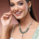 Rhodium Plated Floral Design Green & white American Diamond Stones Studded Jewellery Set