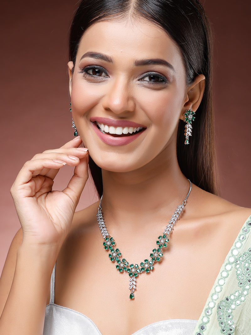 Rhodium Plated with Beautiful Floral Design Green & white AD Stones Studded Necklace Set