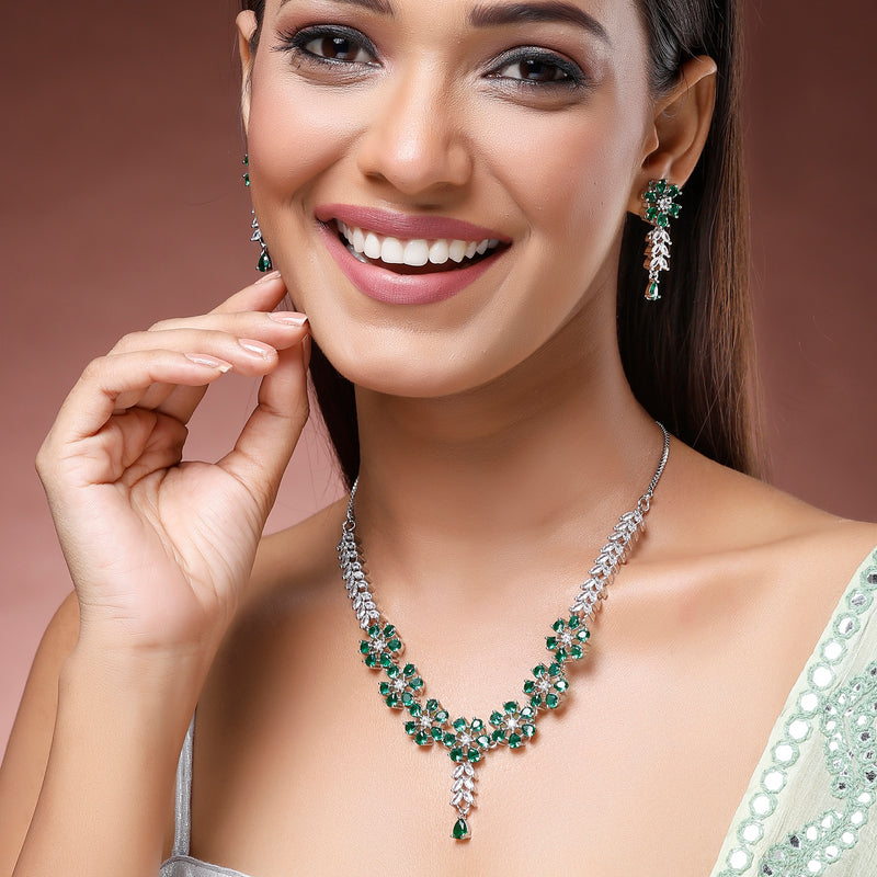 Rhodium Plated Floral Design Green & white American Diamond Stones Studded Jewellery Set