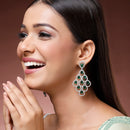 Rhodium Plated Chandelier Green American Diamond Contemporary Long Drop Earrings