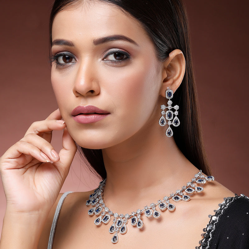 Rhodium Plated Royal Blue American Diamond Stones Studded Jewellery Set