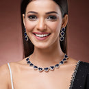 Rhodium Plated Silver Toned Blue Trillion Cut American Diamond Studded  Necklace With Matching Drop Earrings