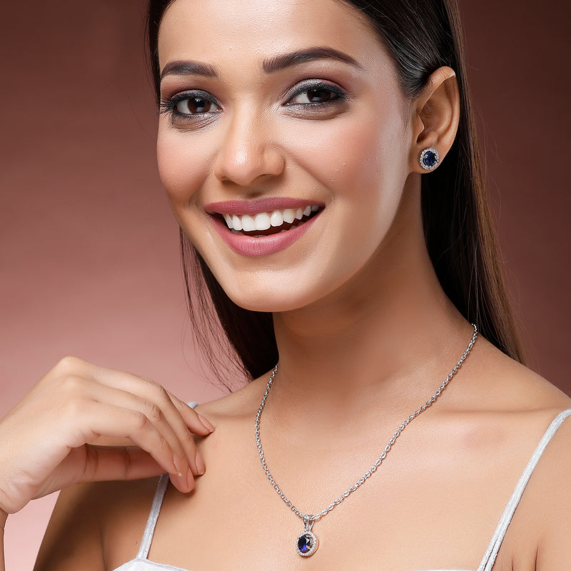 Rhodium Plated with Round Blue American Diamond Studded Pendant Set